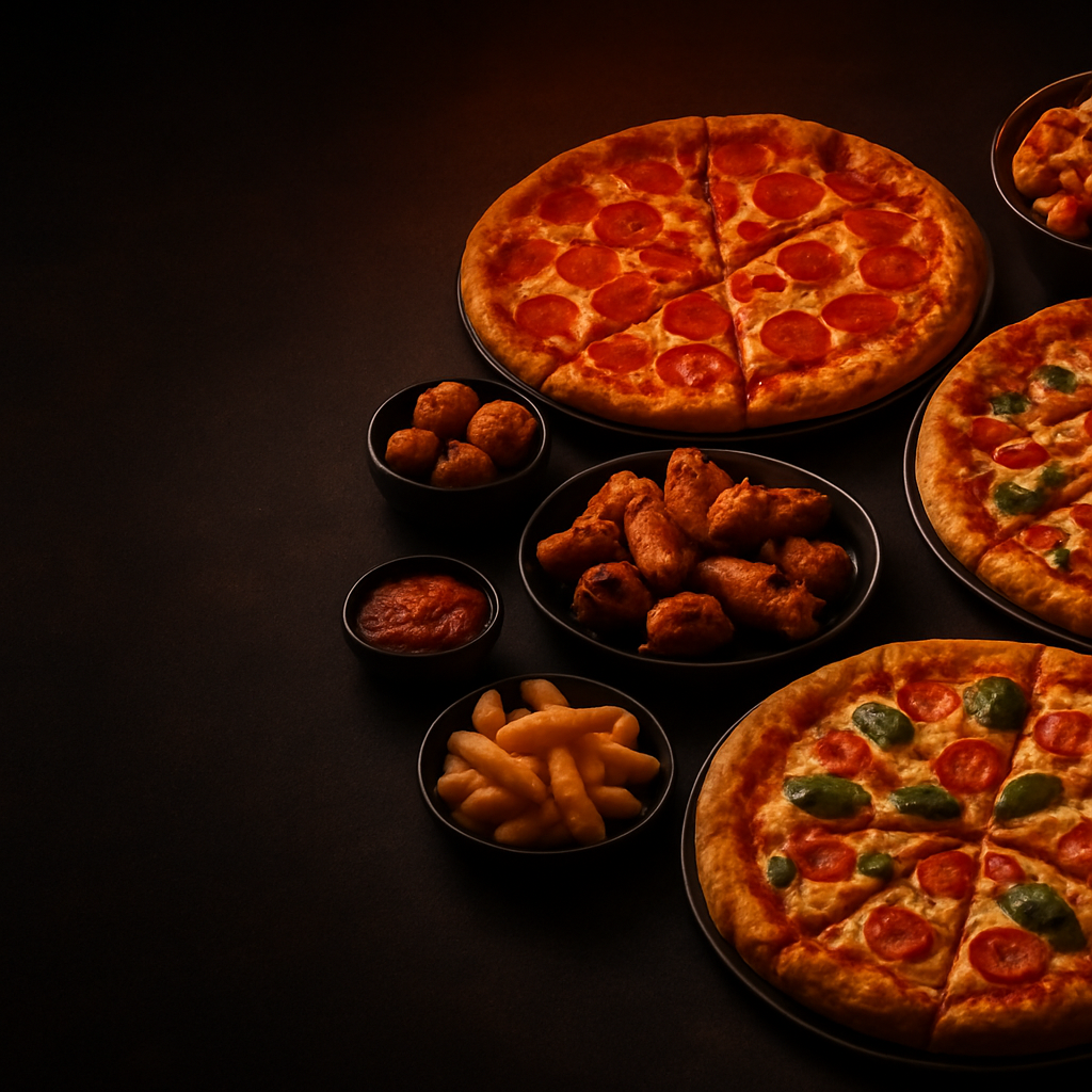 Assorted pizzas and sides